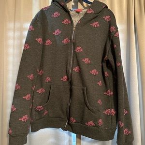 RARE PRIMP Zip-Up Hooded Sweatshirt in gray with pink roses